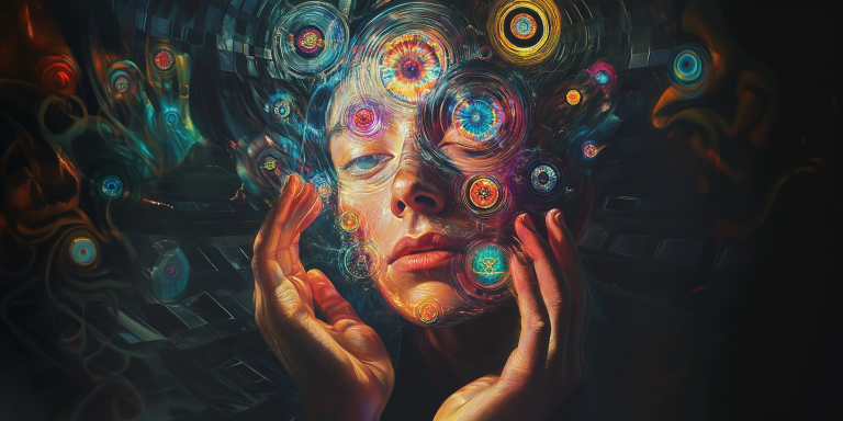 Surreal portrait of a person with kaleidoscopic eyes reflecting various emotions