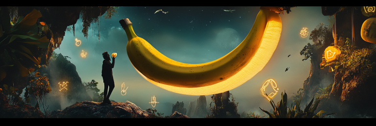 Surreal scene of giant glowing banana. Figure ta