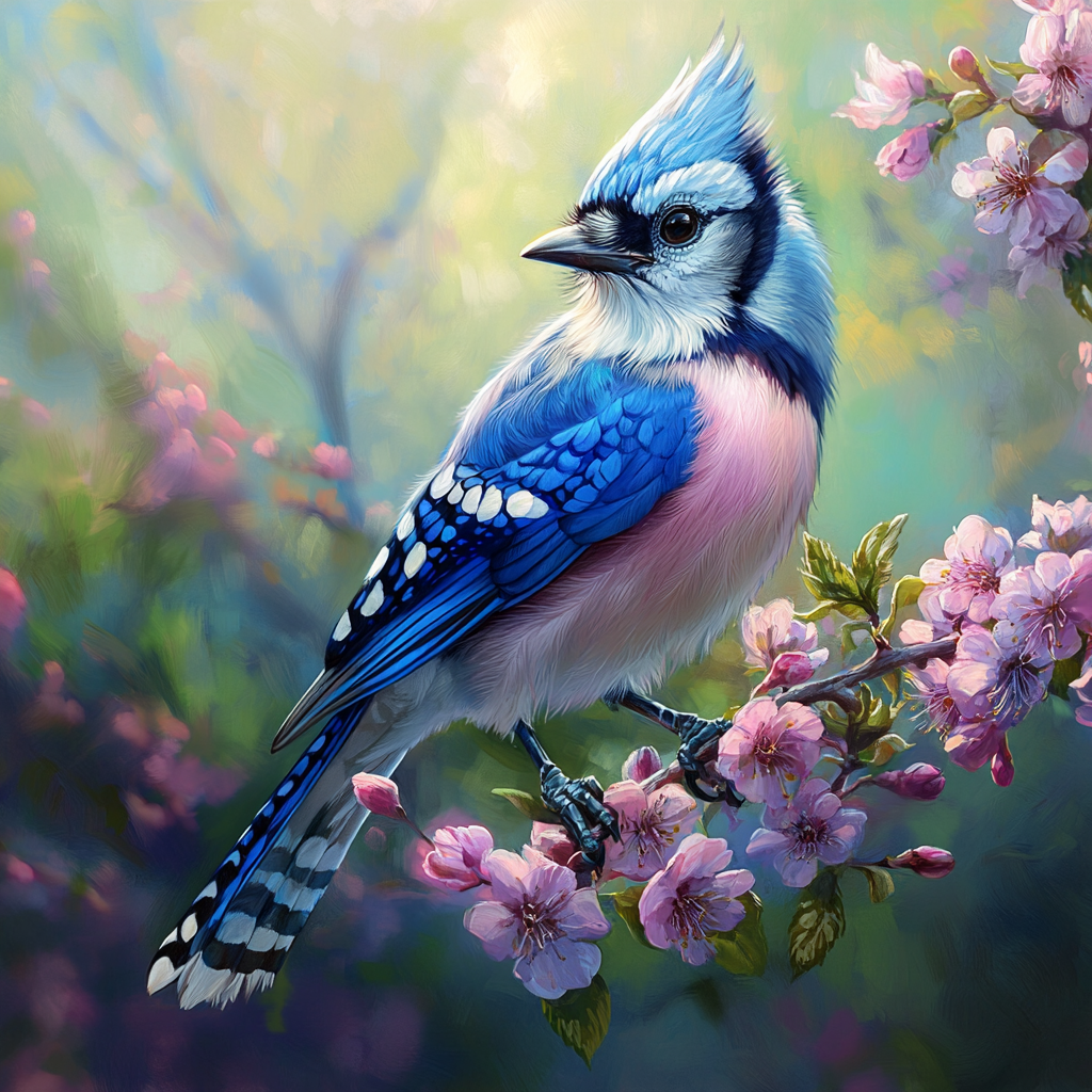 Vibrant blue jay on flowering branch