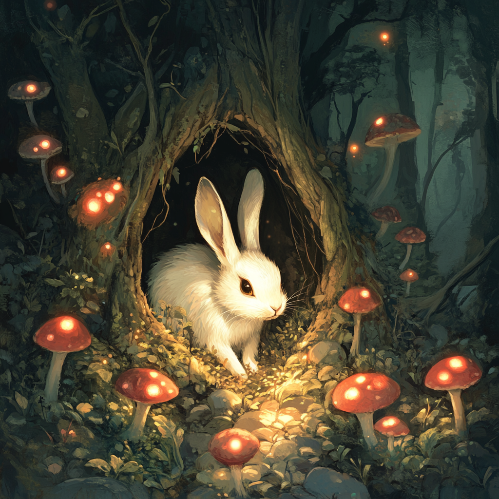 White rabbit emerging from burrow