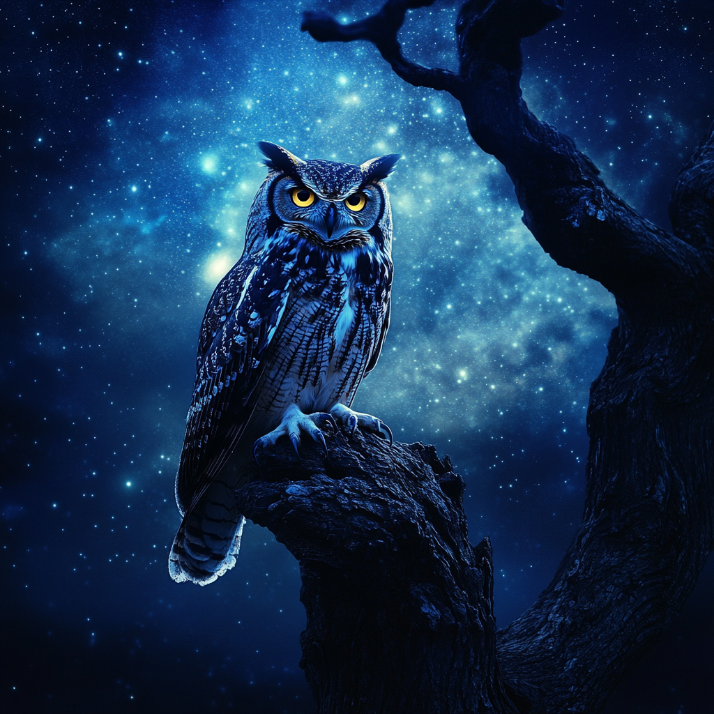 Wise owl perched on ancient tree branch eyes