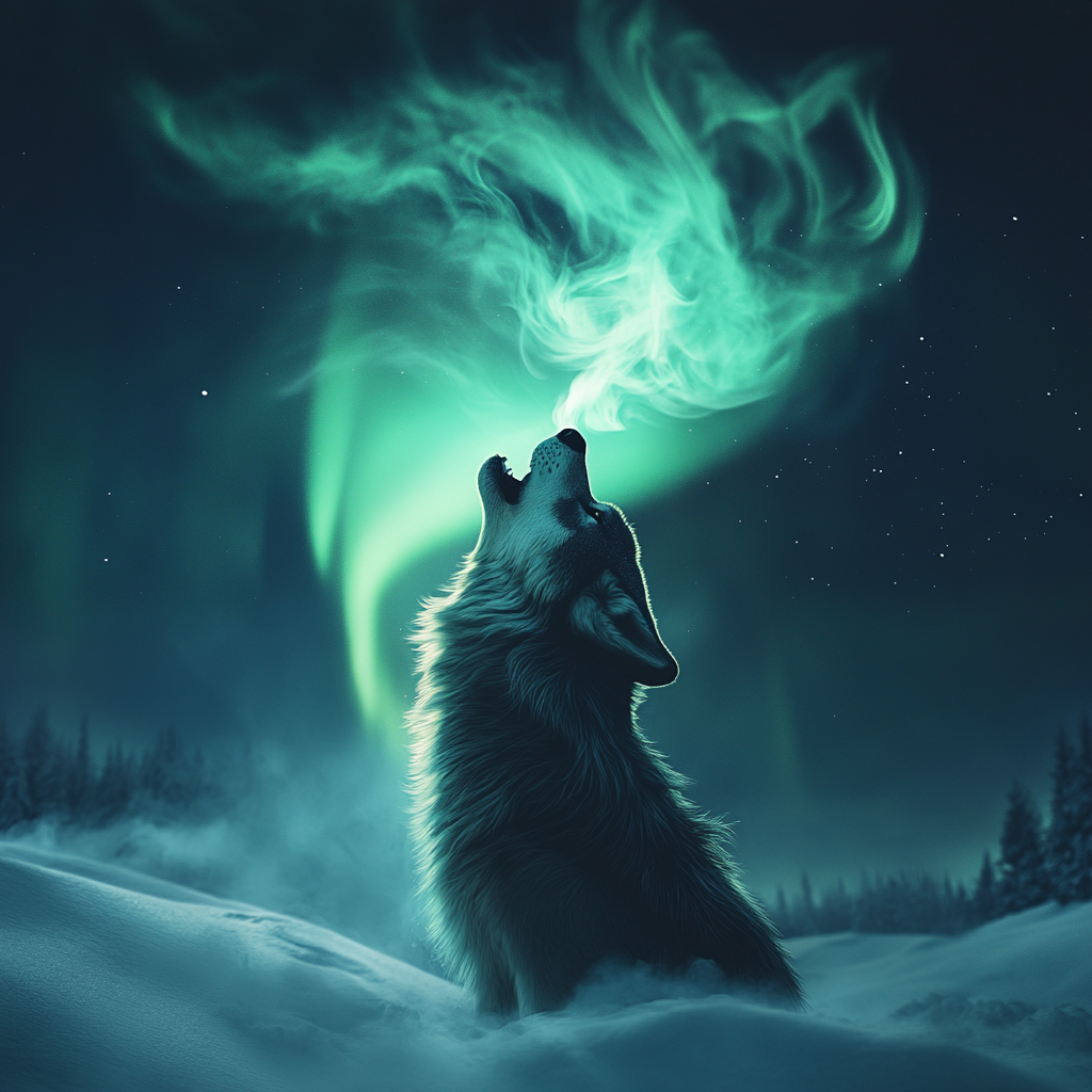 Wolf howling breath forming northern lights