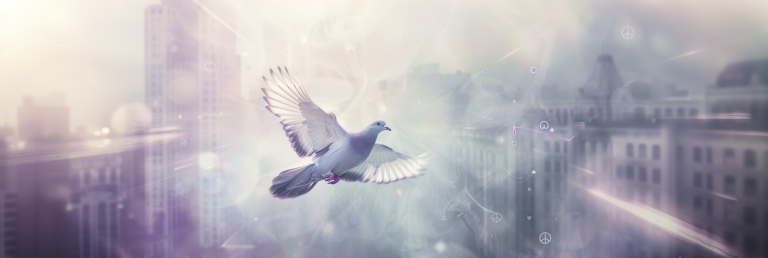 cityscape with a majestic grey pigeon in flight