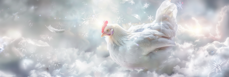 dreamscape with a luminous white chicken as the focal point