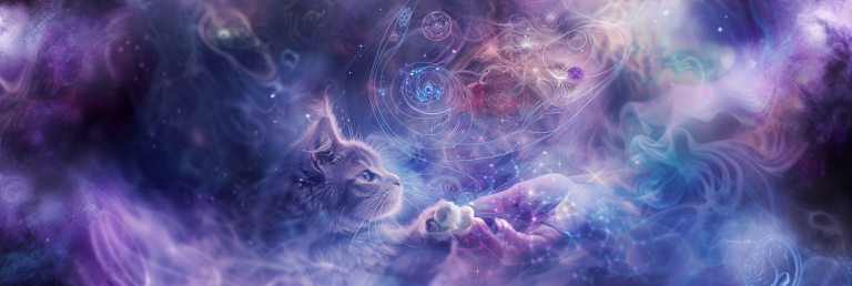 dreamscape with a mystical, semi-transparent cat biting a human hand