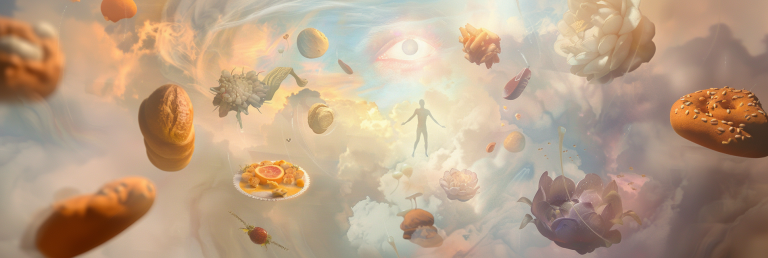 dreamscape with a person floating, surrounded by ethereal food items