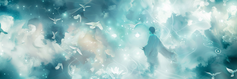 dreamscape with a silhouette figure wearing flowing white robes