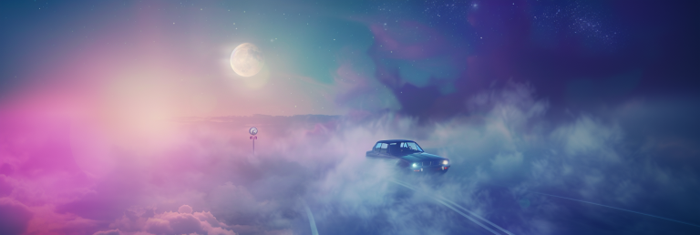 dreamscape with a translucent car floating on a misty road