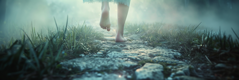 dreamscape with transparent feet walking on a path that transitions from soft grass to rough stones