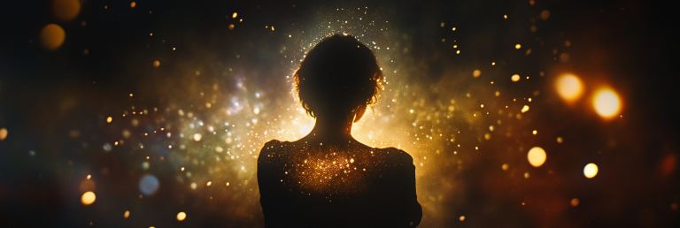 figure emerging from darkness, surrounded by stars