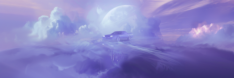 reamscape with a translucent car floating above a misty road