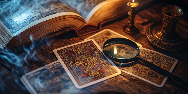 A partially fanned out deck of ornate playing cards in the foreground