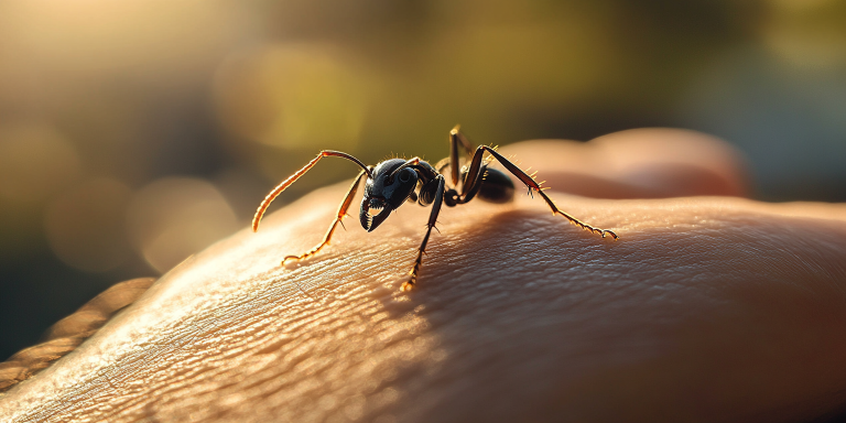 A single black ant prominently in focus, crawling on the skin