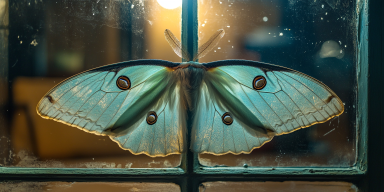 Close up of a luna moth on a moonlit window pane