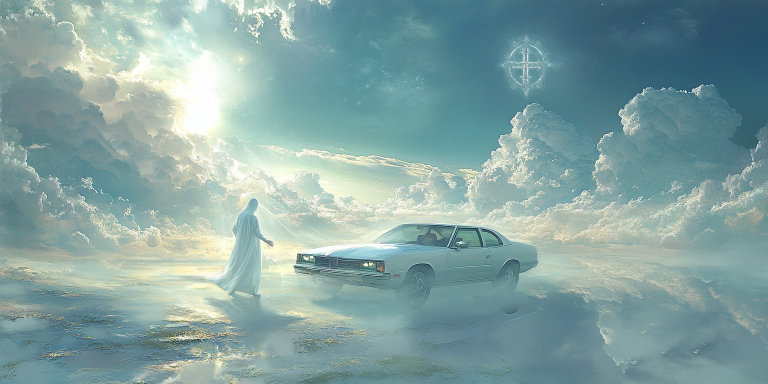 Ethereal dreamscape with a pristine white car as the focal point