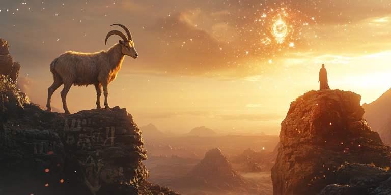 majestic goat with impressive horns stands on a rocky outcro